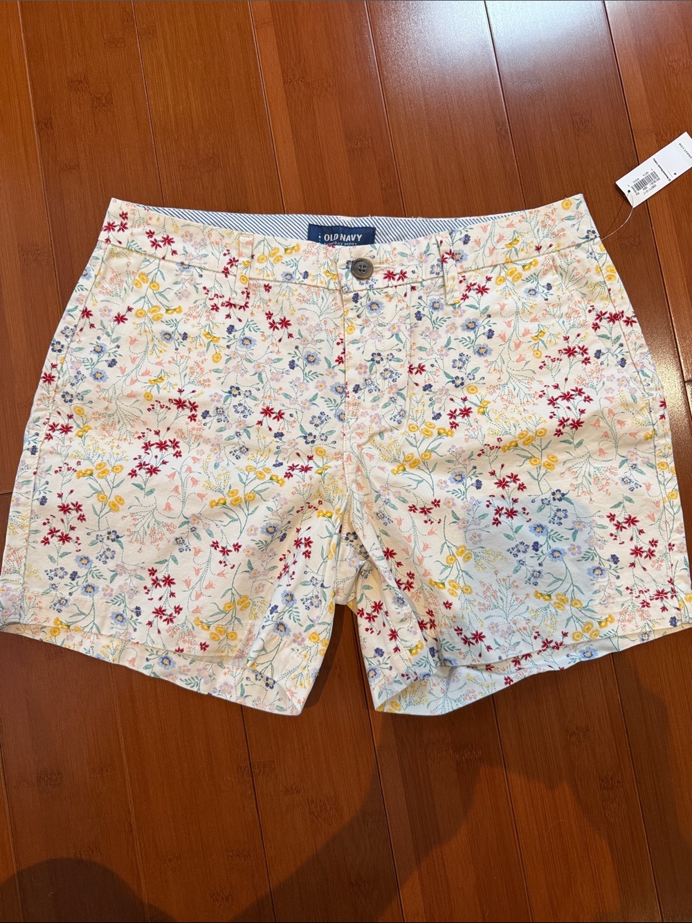 Old Navy White Floral-Print Cotton Shorts with Red, Yellow and Blue Accents